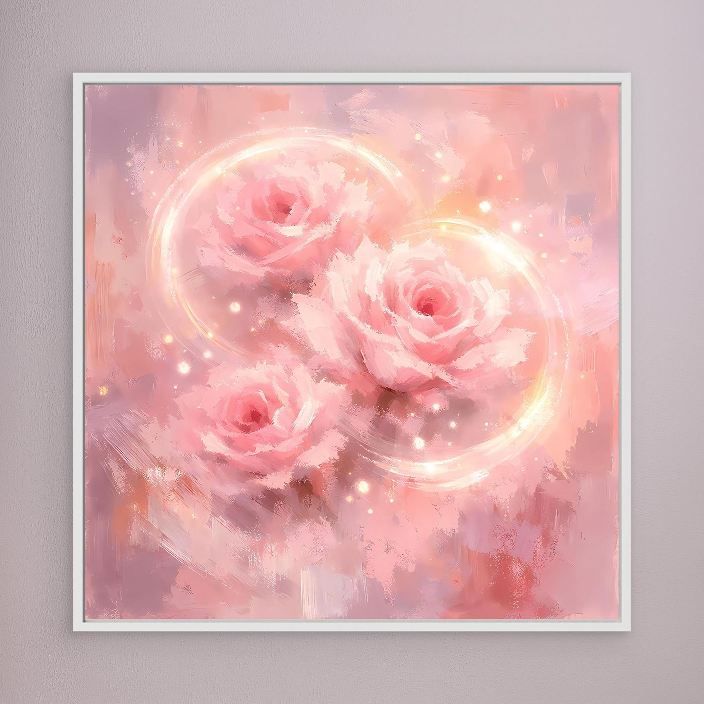 Wandbild auf Leinwand mit rosa Rosen, schimmernden Kreisen und Punkten, weiß gerahmt