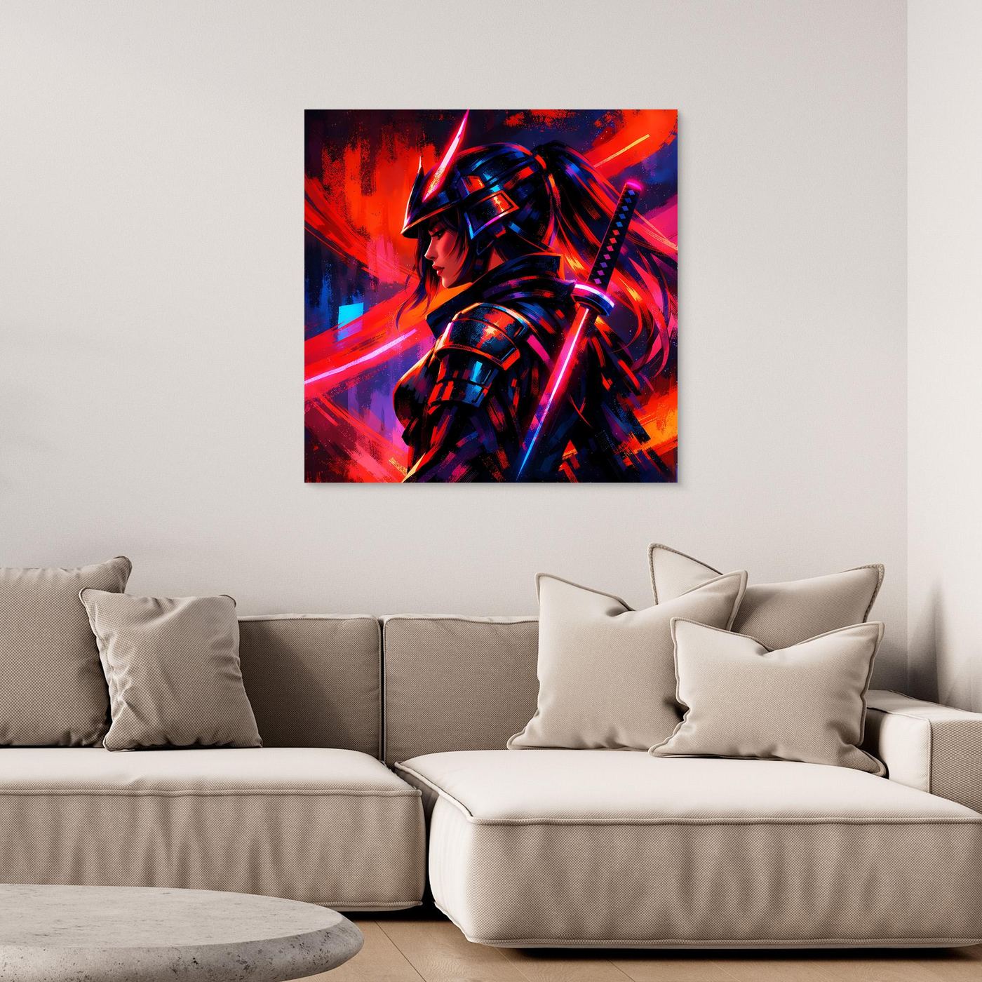 Gerahmtes Leinwandbild mit Neon-Samurai-Kriegerin in Rot und Blau, futuristischem Schwertmotiv.