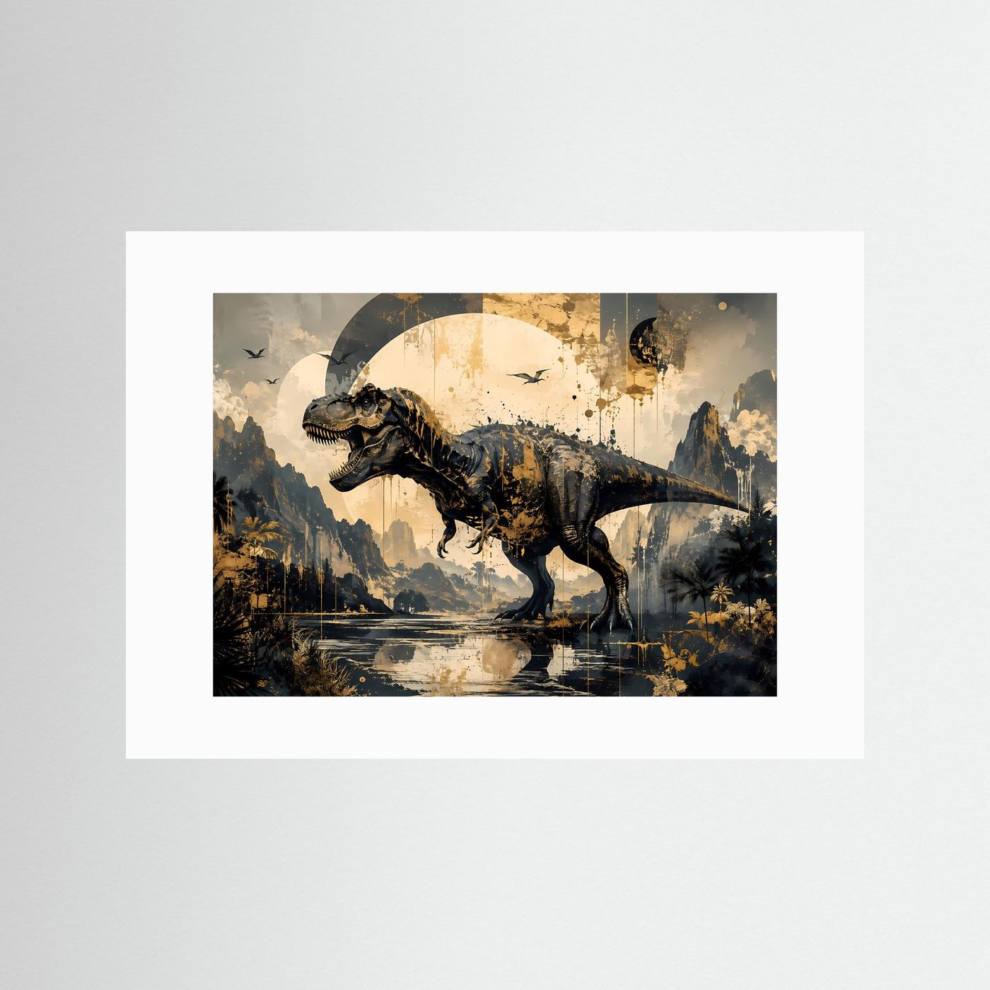T-Rex Dinosaurier Poster | Abstrakte Jurassic Wandkunst in Schwarz Gold | Moderner Tyrannosaurus Kunstdruck