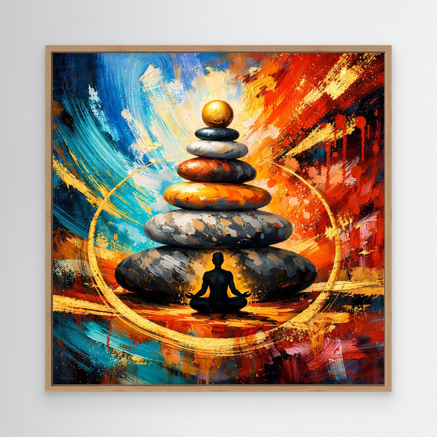 Leinwandbild mit Steinstapel und Meditationsfigur, abstrakt in Blau, Rot und Orange im Eichenrahmen
