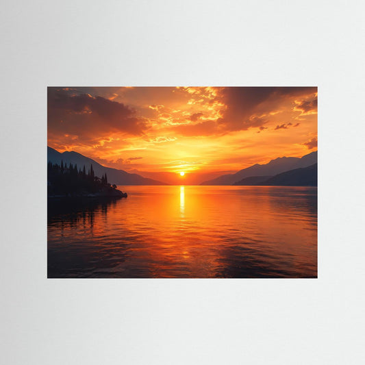 Panorama-Poster mit Sonnenuntergang über See, Berge und spiegelnder Lichtbahn, ohne Rahmen