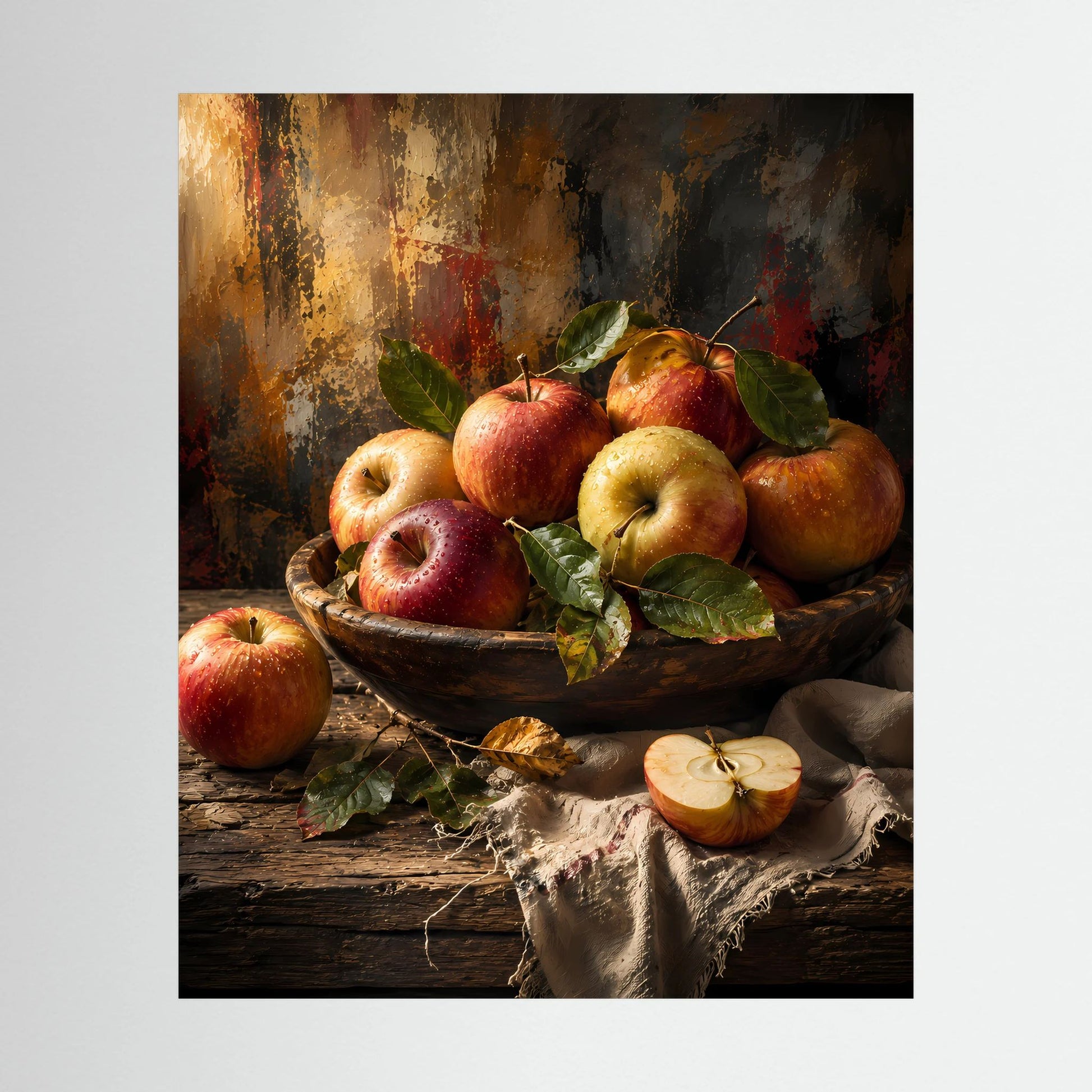 Poster im Hochformat mit Apfel-Stillleben: rote und gelbe Äpfel in Schale