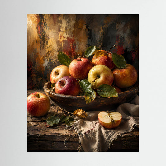 Poster im Hochformat mit Apfel-Stillleben: rote und gelbe Äpfel in Schale