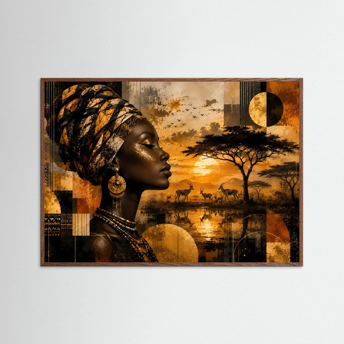 Gerahmtes Wandbild im Querformat: afrikanische Frau im Porträt, goldenes Gesicht, Kopftuch und Ohrringe.