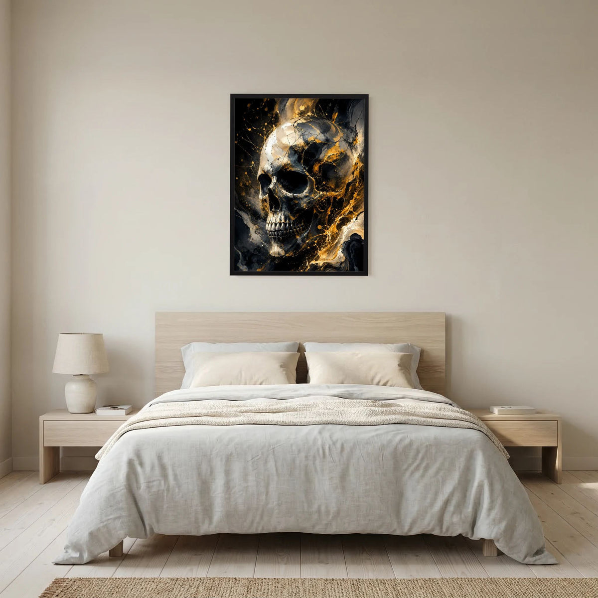 Poster Hochformat mit abstraktem Totenschädel: Schwarz & Gold, schwarzer Rahmen