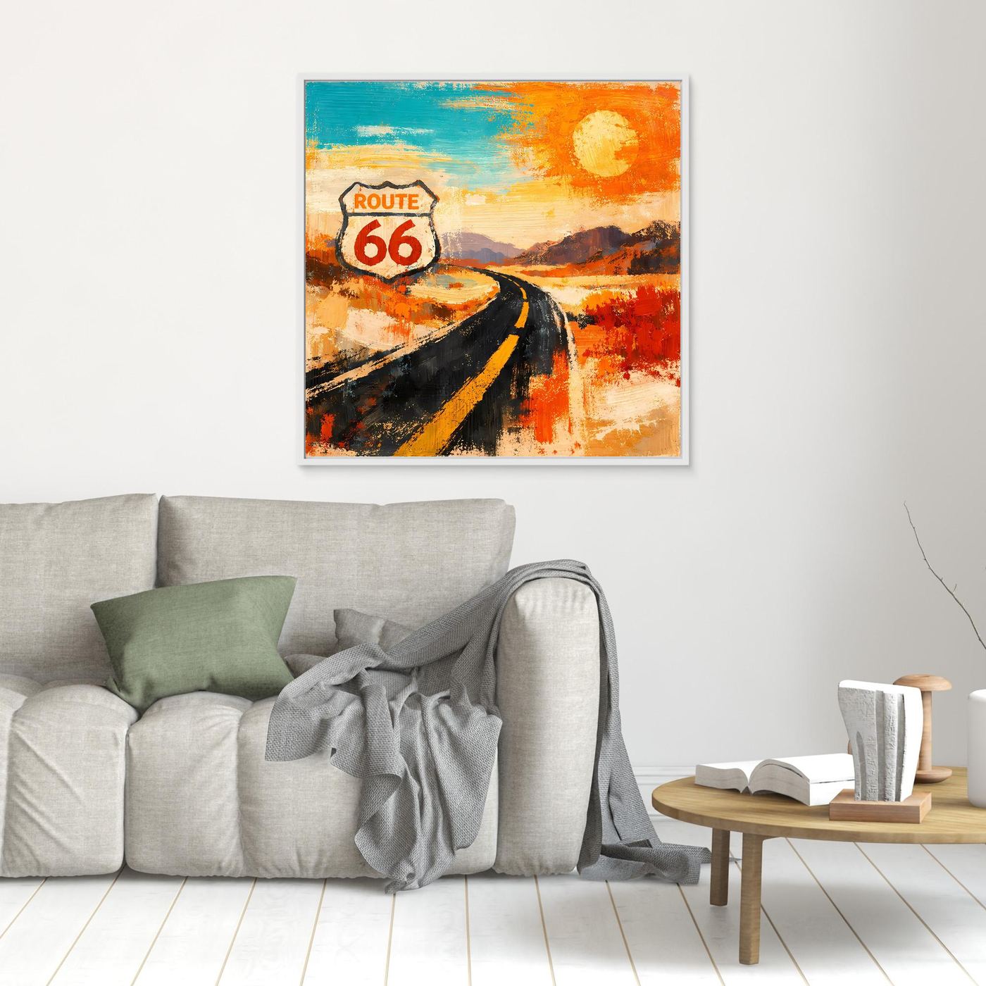 Kleines Leinwandbild mit Route-66-Straße und Sonne, ohne sichtbaren Rahmen