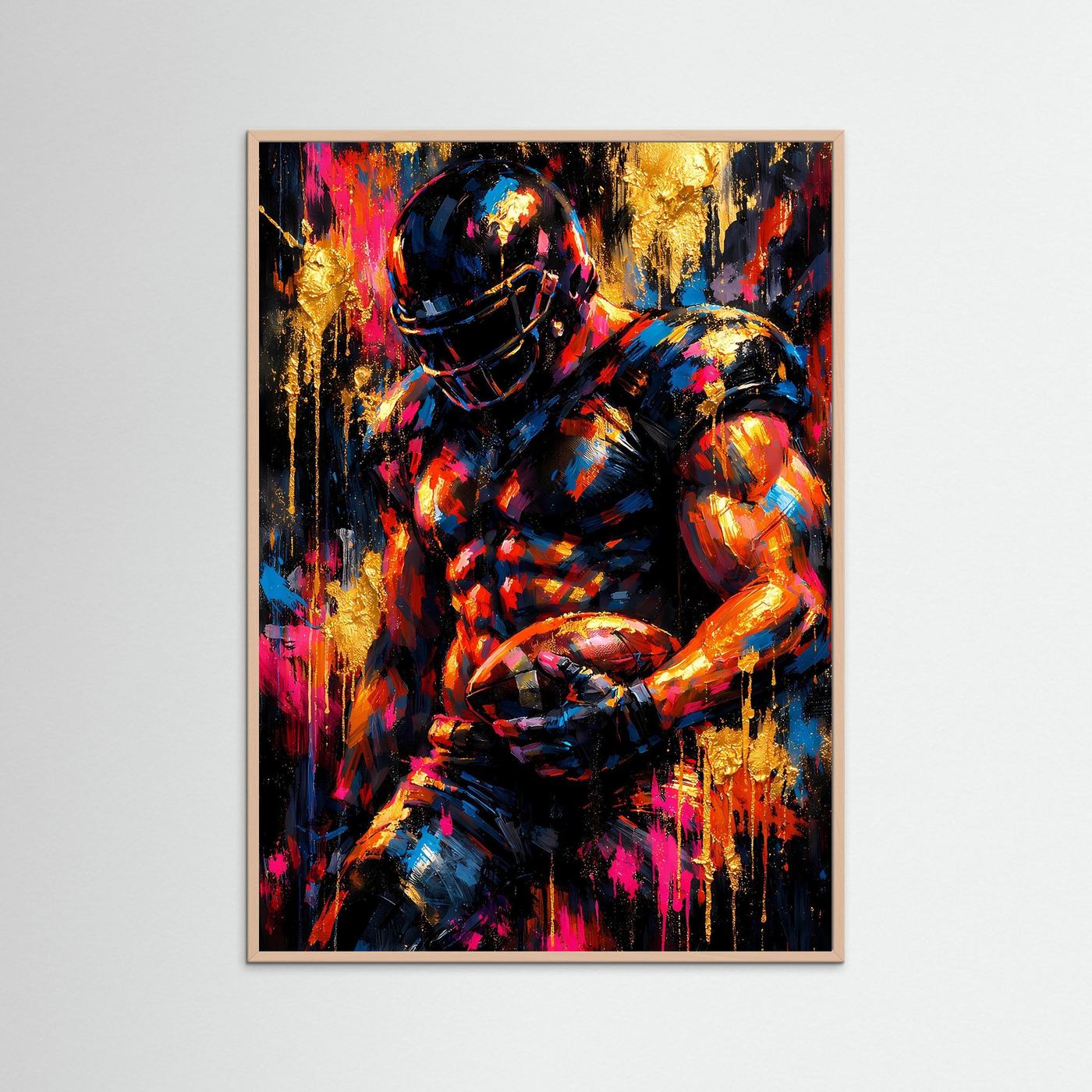 American-Football-Poster: abstrakte Darstellung von Helm und Ball in Blau, Neonpink und Gold