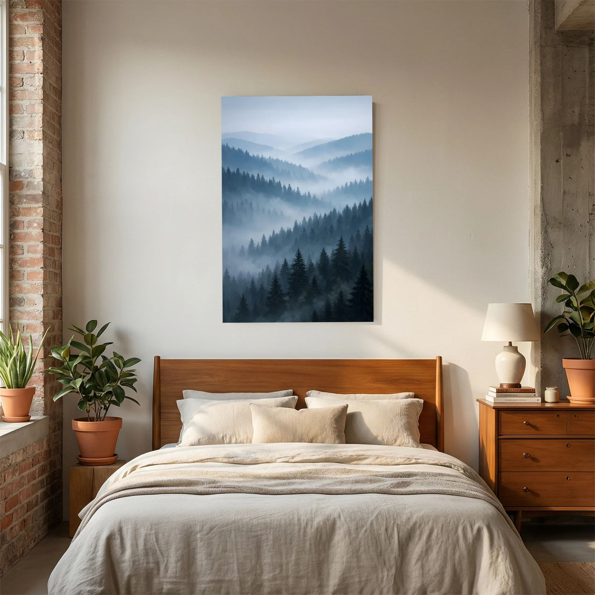 Hochformatiges Naturposter mit nebligem Bergwald in Blau und Grau.