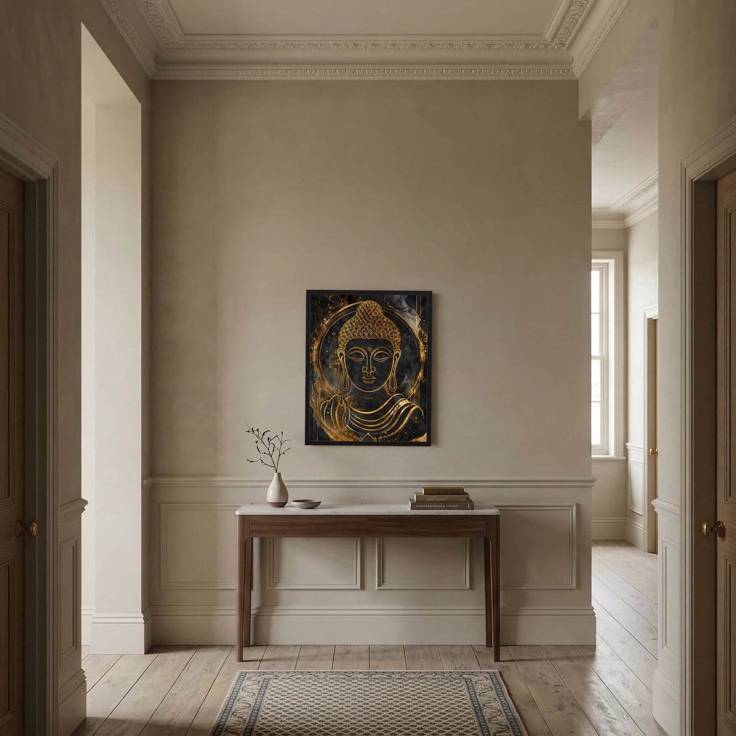 Kleines Buddha-Wandposter im Rahmen mit goldener Büste auf dunklem Hintergrund