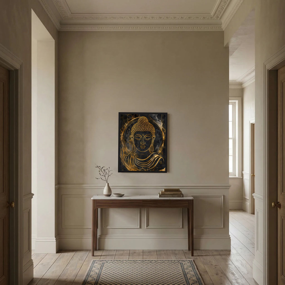 Kleines Buddha-Wandposter im Rahmen mit goldener Büste auf dunklem Hintergrund