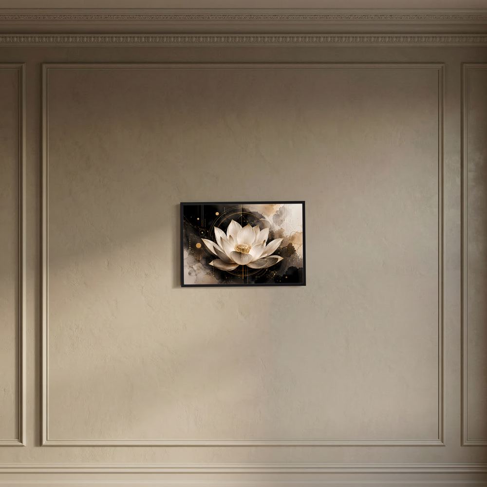 Rahmenposter mit abstrakter Lotusblüte in Schwarz, Gold und Weiß im schwarzen Rahmen