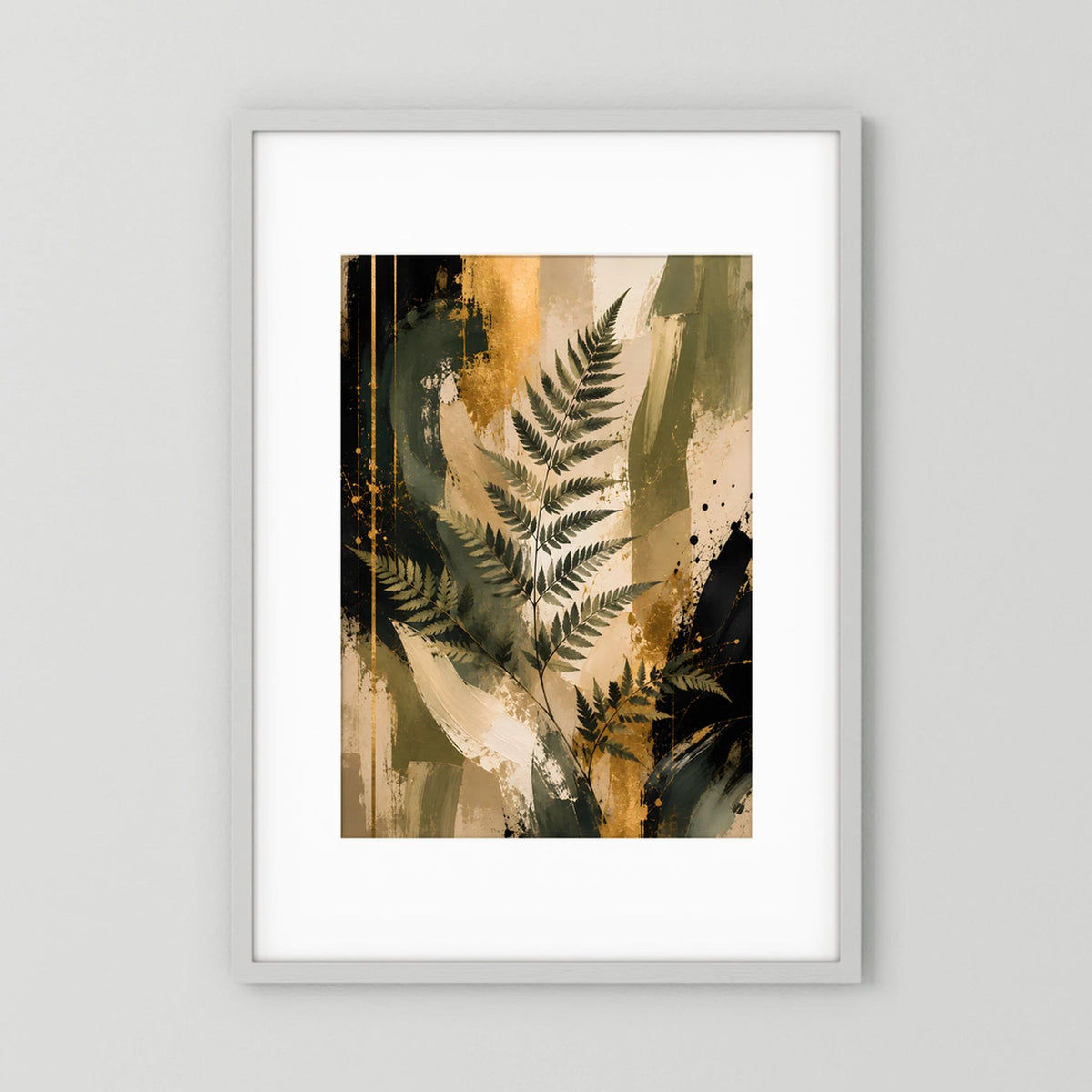 Gerahmtes Kunstposter mit abstrakten Farnblättern in Grün und Gold, Hochformat.