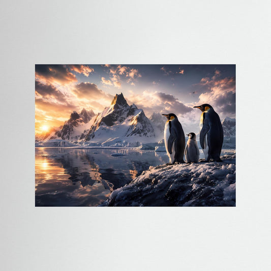 Poster mit Pinguinfamilie auf verschneitem Fels im Sonnenuntergang, Gletscher und Berge