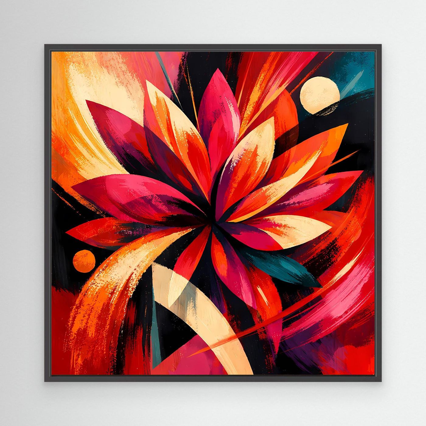 Leinwandbild mit abstrakter Blüte in Rot, Orange und Pink im schwarzen Rahmen