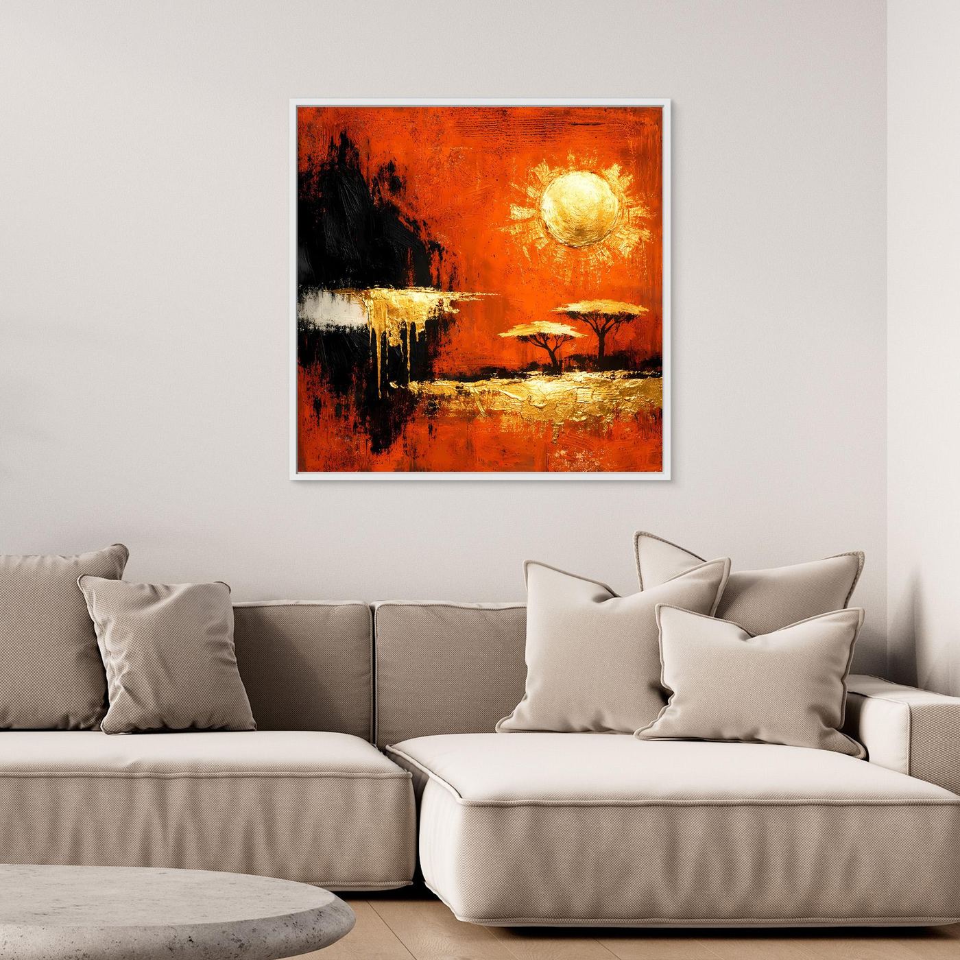 Leinwand Abstrakte Savanne bei Sonnenuntergang | Modernes Afrika Wandbild in Rot und Gold