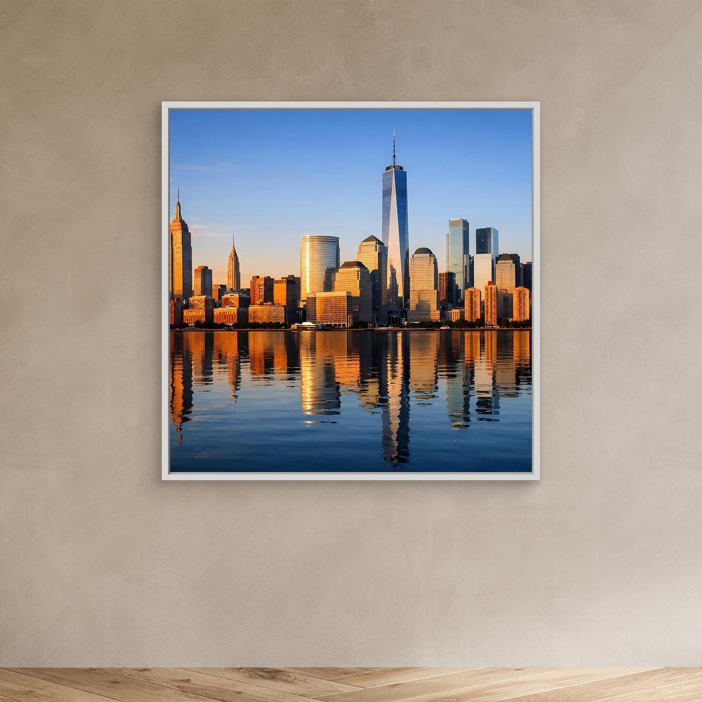 Leinwand-Wandbild im weißen Rahmen mit New-York-Skyline bei Sonnenuntergang und Wasserreflexion
