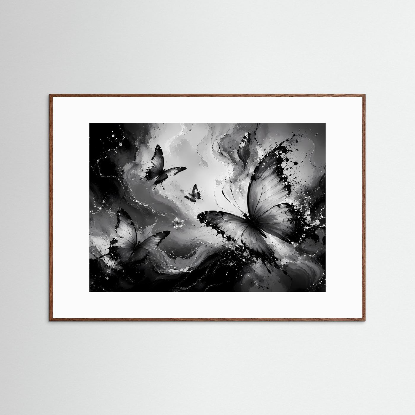 Schmetterlinge Schwarz Weiß Poster Querformat | Abstrakte Butterfly Wandkunst Modern | Monochrome Leinwandkunst