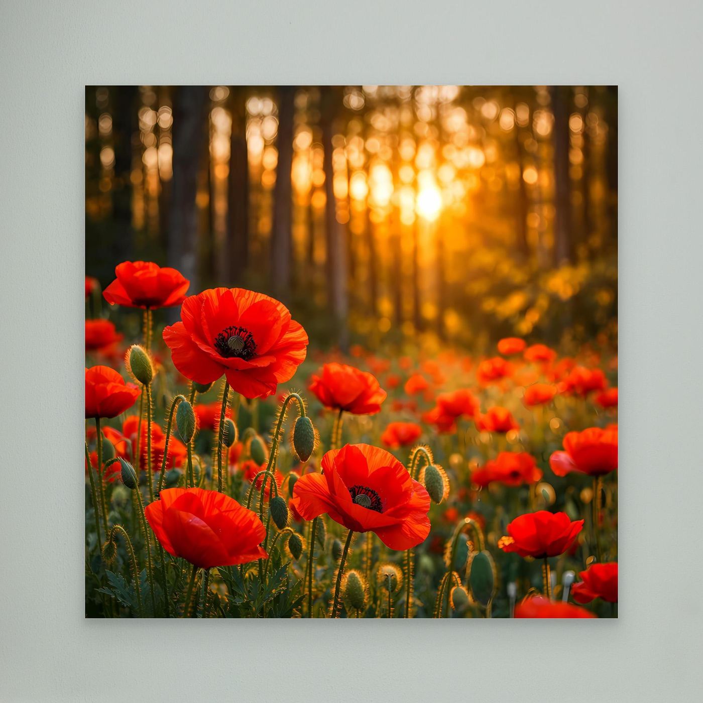 Leinwandbild mit roten Mohnblumen im goldenen Wald bei Sonnenuntergang
