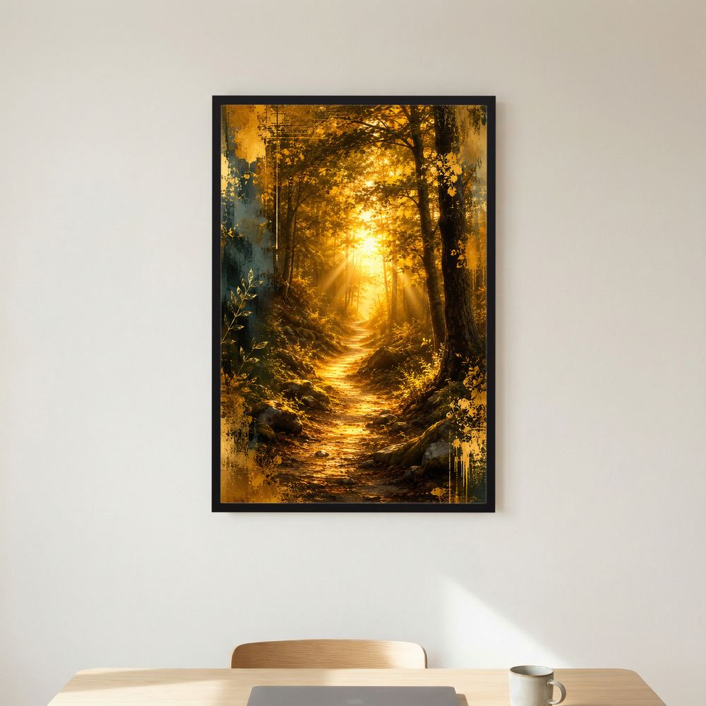 Poster Waldweg mit Sonnenstrahlen, im schwarzen Rahmen