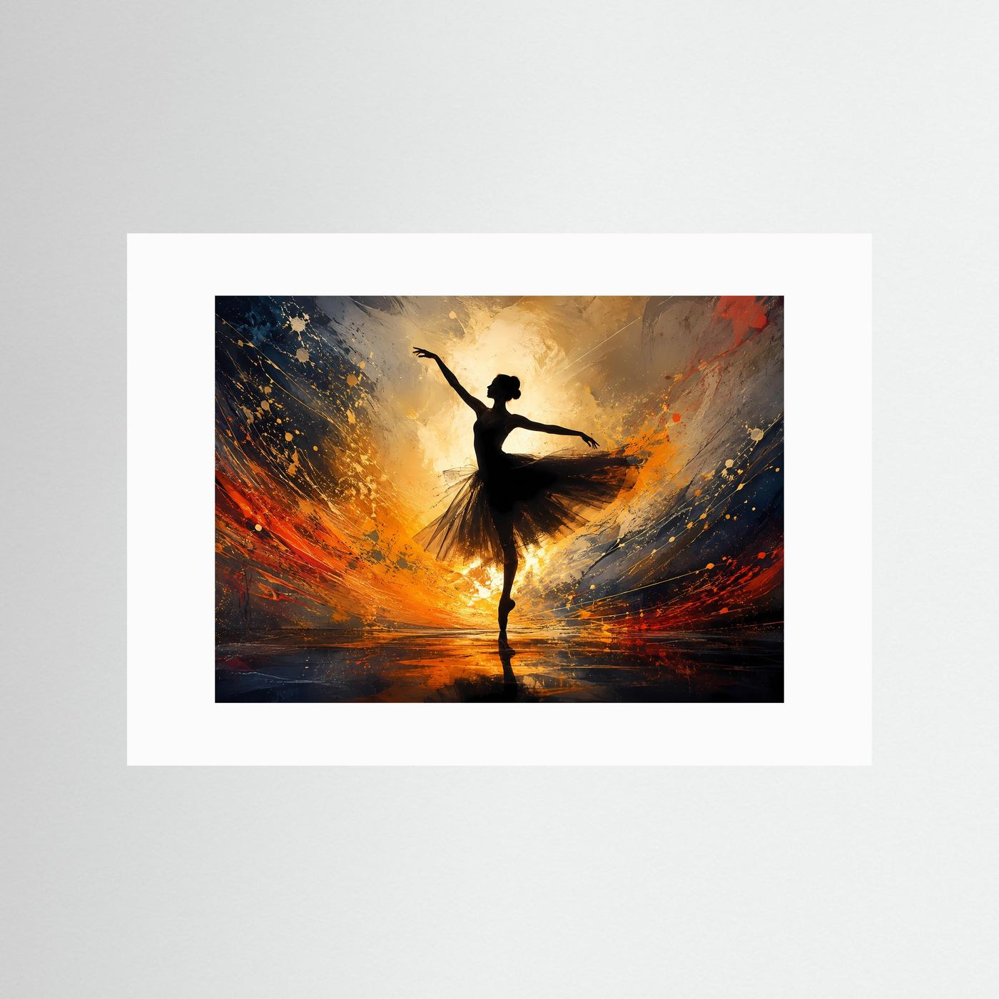 Ballerina im goldenen Licht | Abstrakte Tanzkunst in Schwarz, Gold & Orange – Elegante Wandkunst