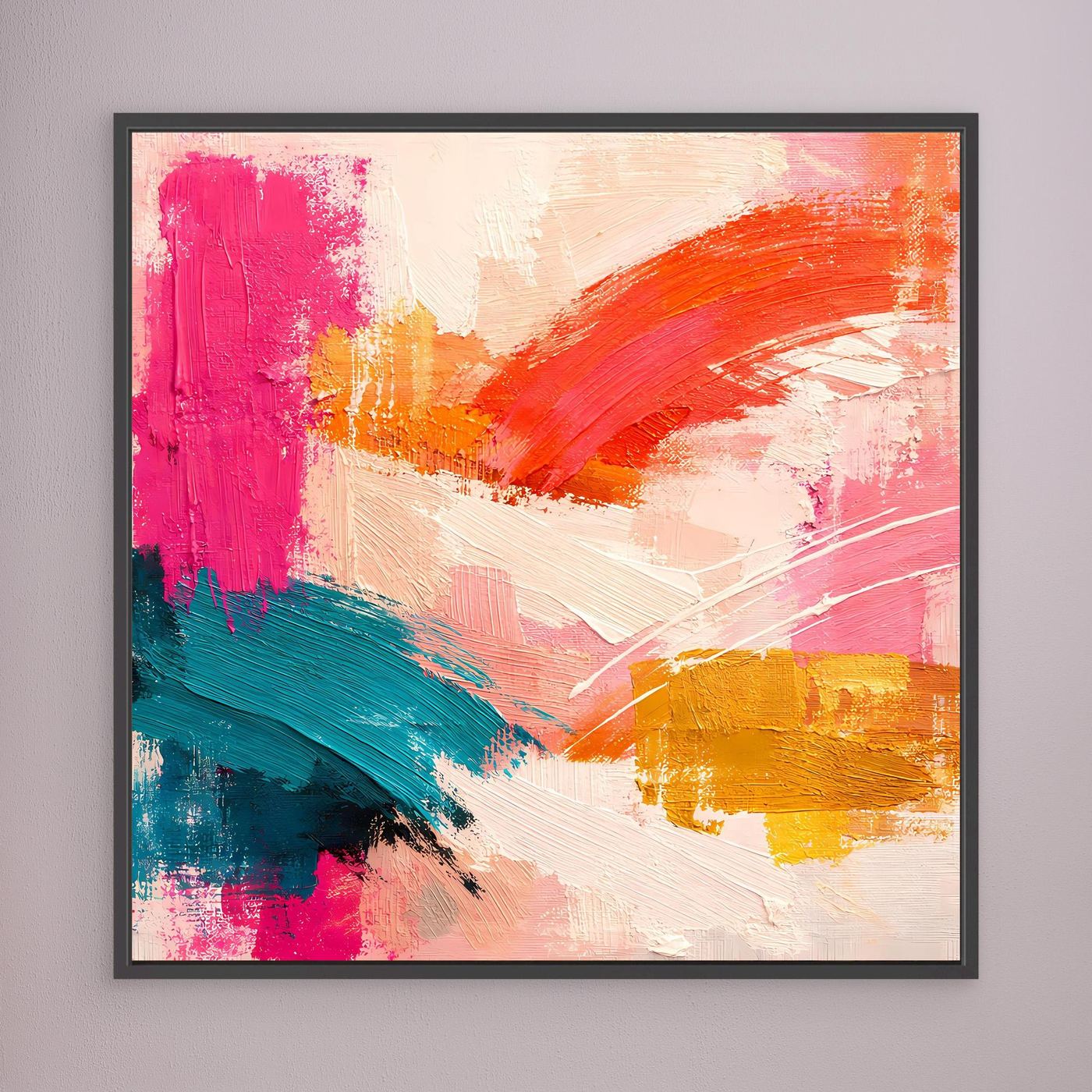 Quadratisches abstraktes Leinwand-Wandbild mit pastellfarbenen Pinselstrichen und schwarzem Rahmen