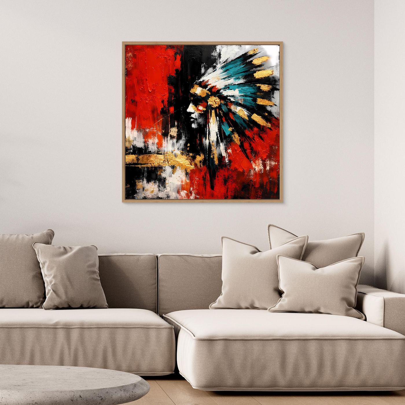 Leinwand-Wandbild mit abstraktem Porträt, Rot, Schwarz, Weiß und Türkis, goldener Rahmen
