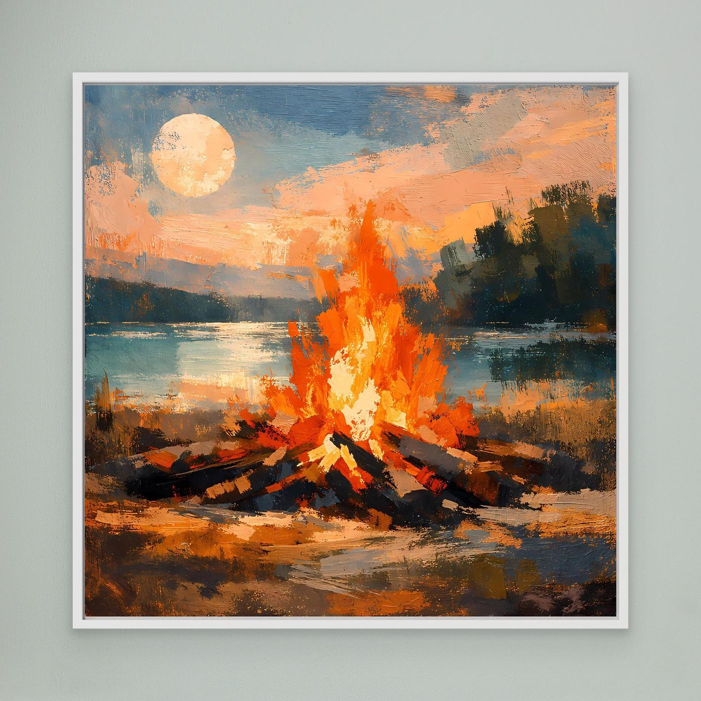 Leinwand-Wandbild mit Lagerfeuer am See, orange Flammen und runde Sonne; weißer Rahmen