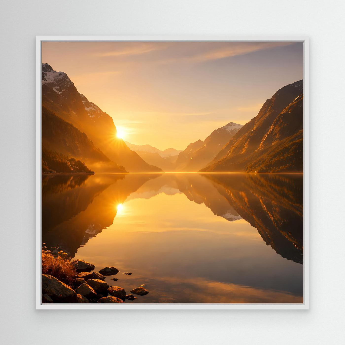 Leinwandbild im weißen Rahmen mit goldenem Fjord, Bergen und Sonnenaufgang im See