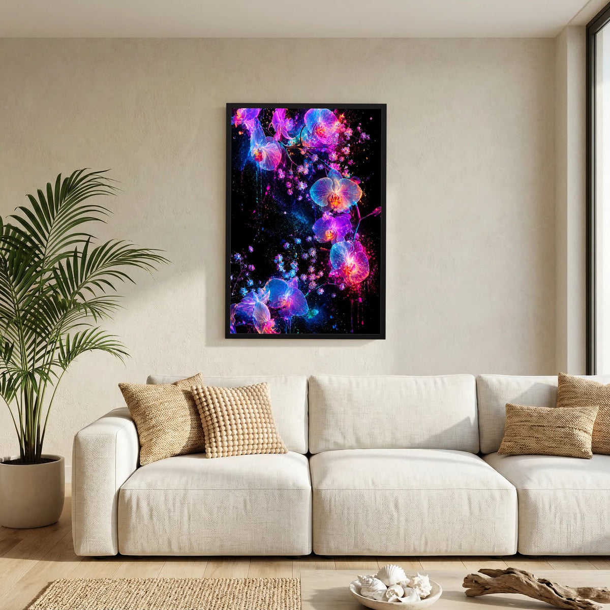 Leuchtendes Orchideen-Kunstposter mit schwarzem Rahmen und Neonblüten in Blau/Pink