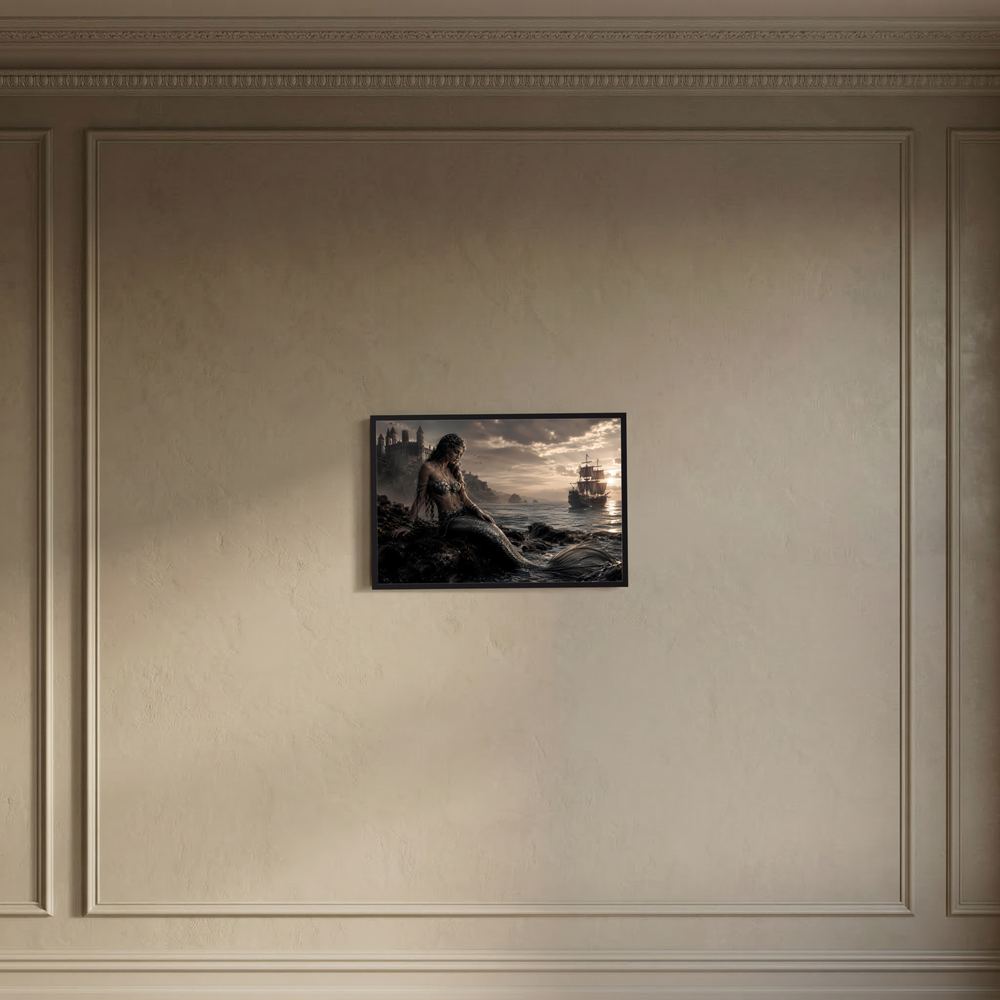 Wandbild mit Meerjungfrau am Meer und Segelschiff bei Dämmerung, schwarz gerahmt
