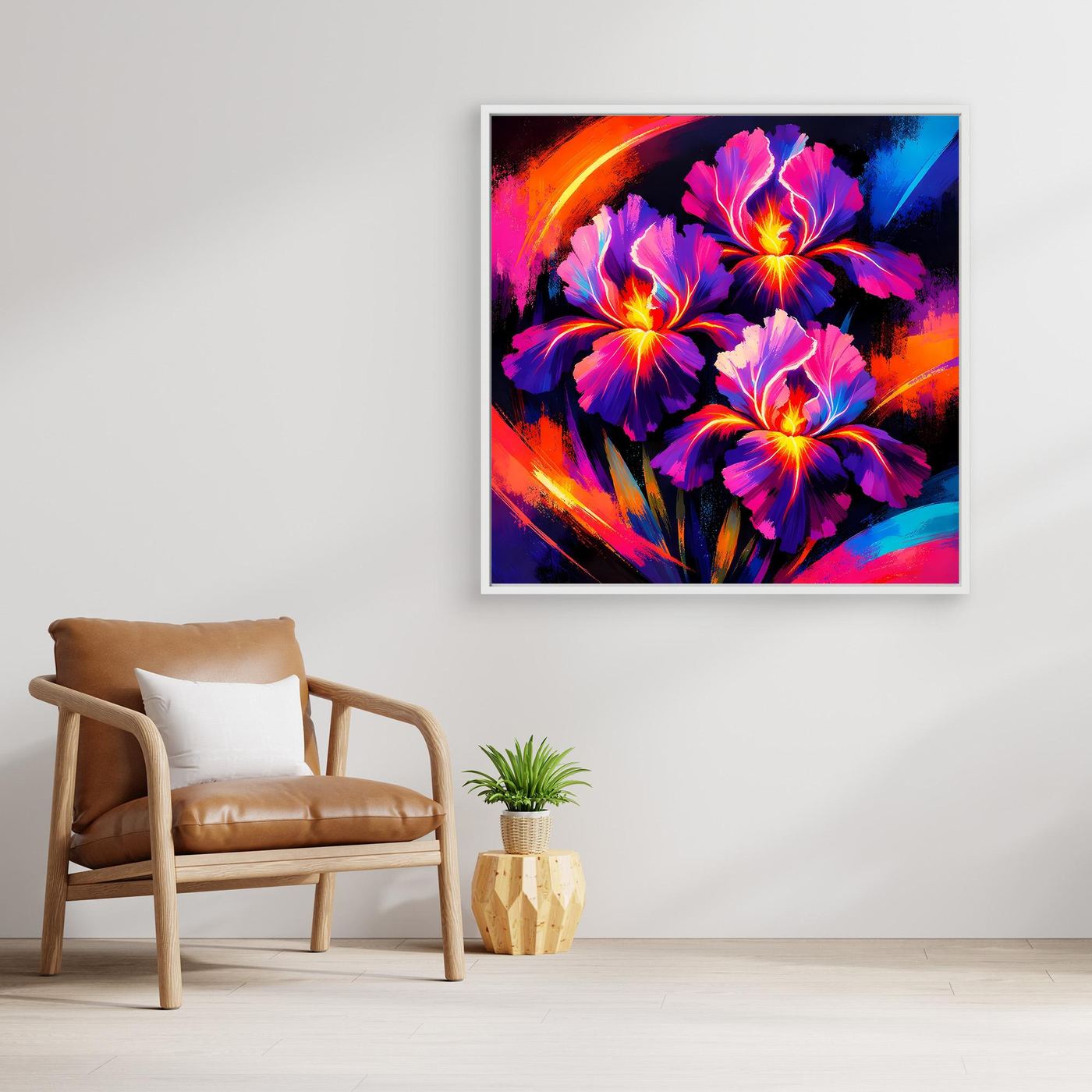 Leinwandbild mit abstrakten Irisblüten in Neonfarben im hellen Holzrahmen