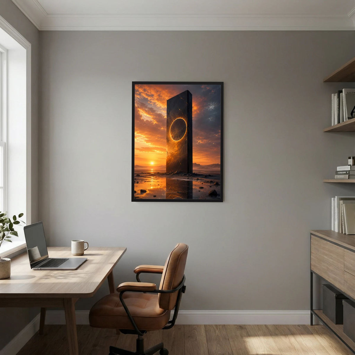Hochformat-Poster mit schwarzem Monolith und leuchtend goldener Ringöffnung bei Sonnenuntergang