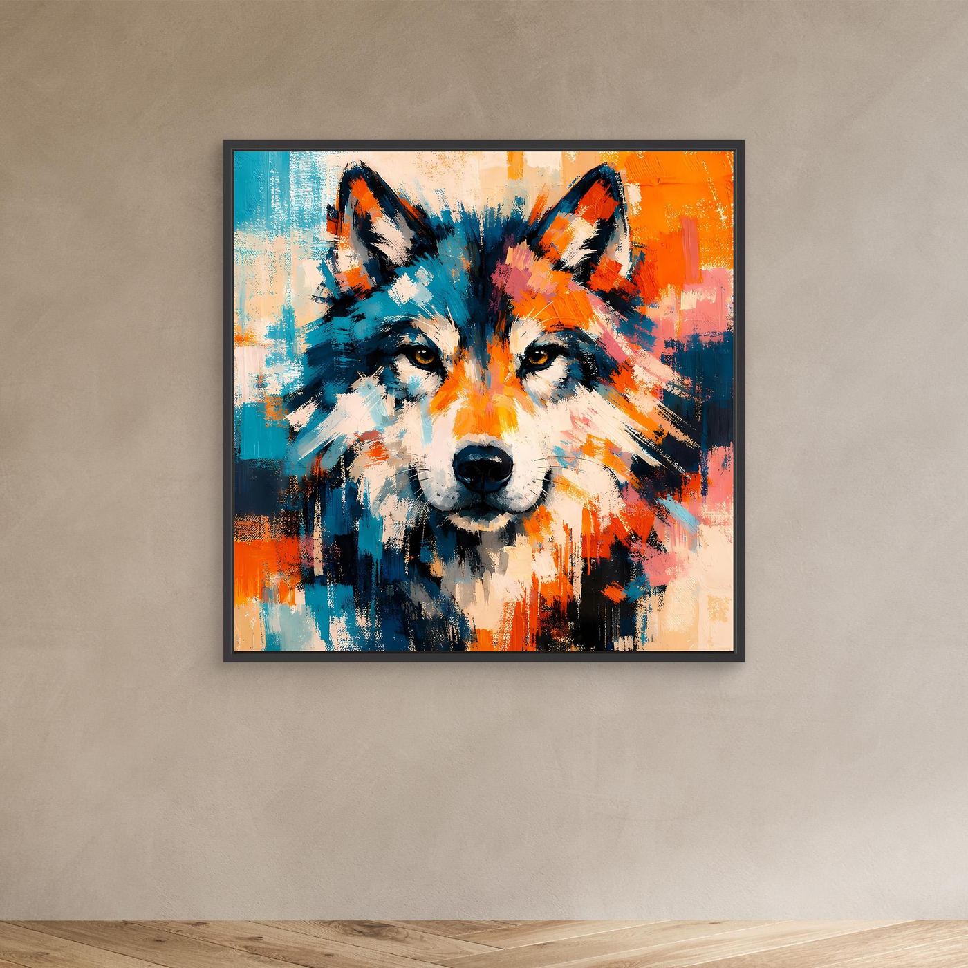 Abstract wolf canvas wall art with blue and orange brushstrokes, black frame