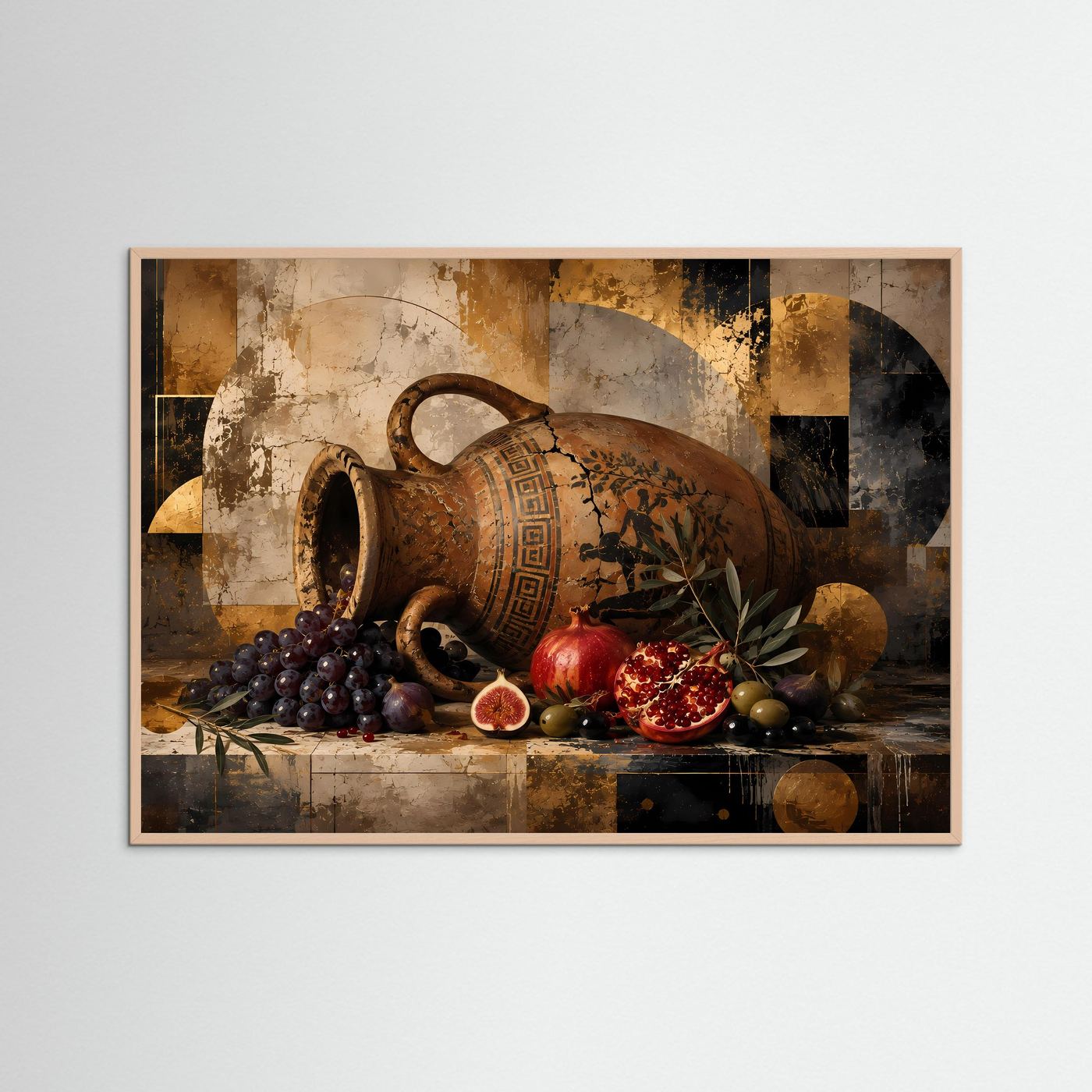 Poster mit brauner Amphore, Granatapfel und Trauben in beigem Holzrahmen
