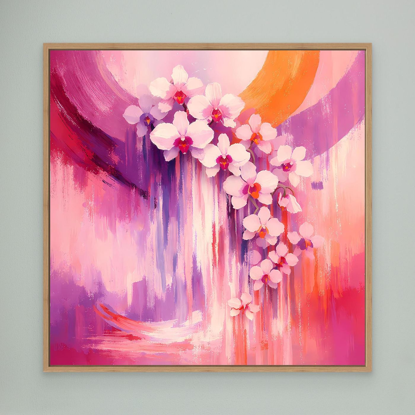 Leinwandbild mit abstrakten Orchideenblüten in Pink und Violett, Eichenrahmen