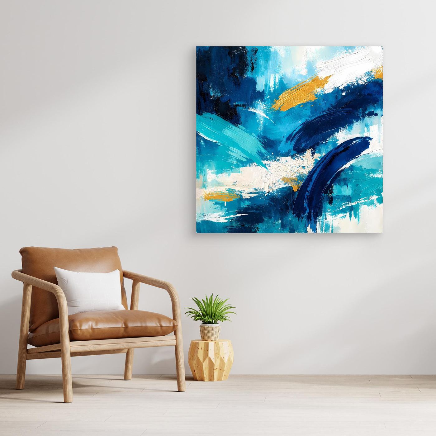Abstract blue and gold canvas wall art with broad brush strokes, square, on wall