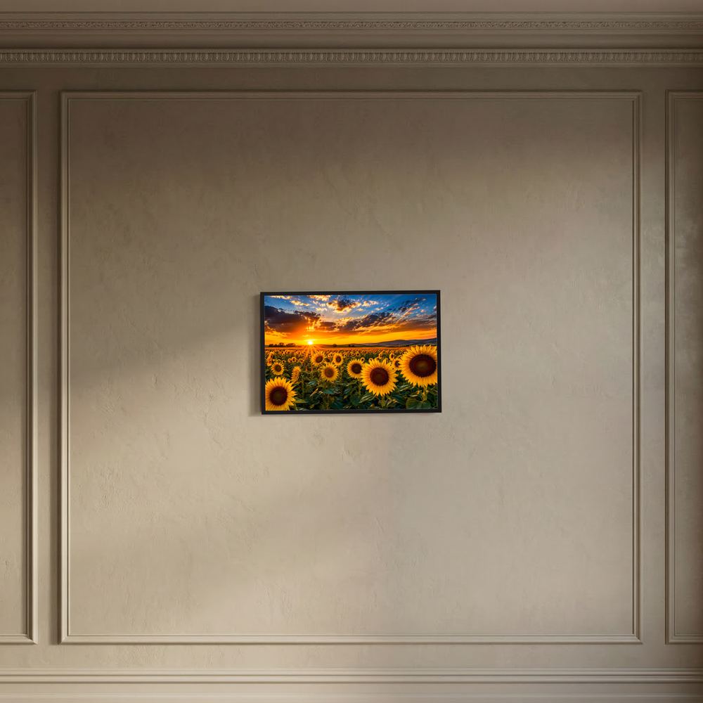 Querformat-Poster mit Sonnenblumenfeld und Sonnenuntergang, schwarzer Rahmen