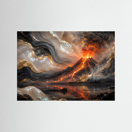 Poster im Querformat mit Vulkan, glühender Lava und goldenen Perlmutt-Akzenten in Dunkelgrau