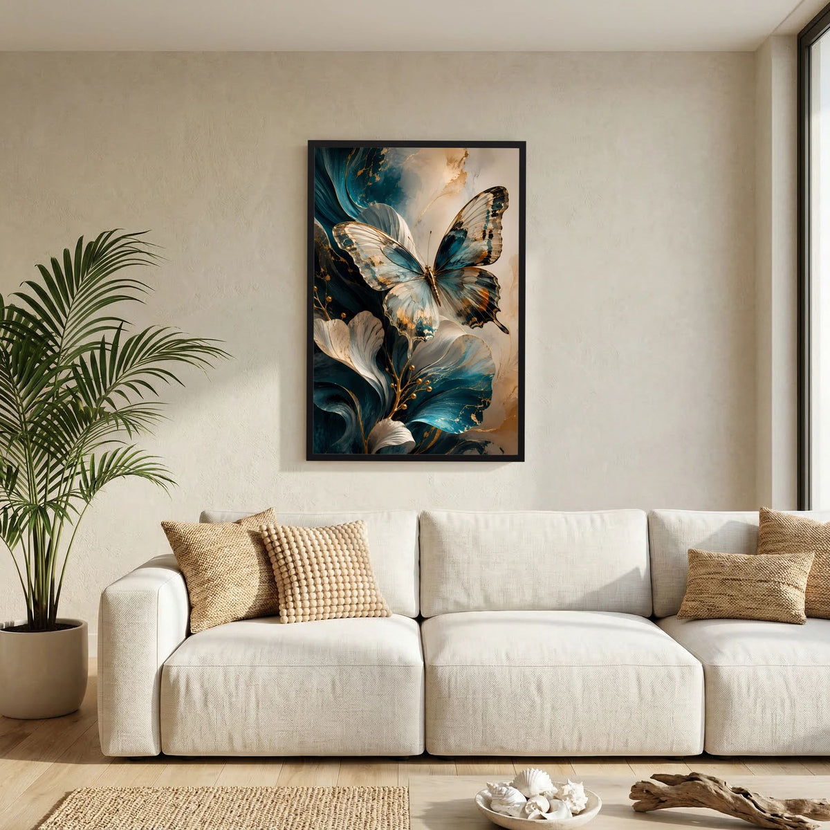 Eleganter Schmetterling in Petrol und Gold | Abstrakte florale Kunst | Poster Hochformat