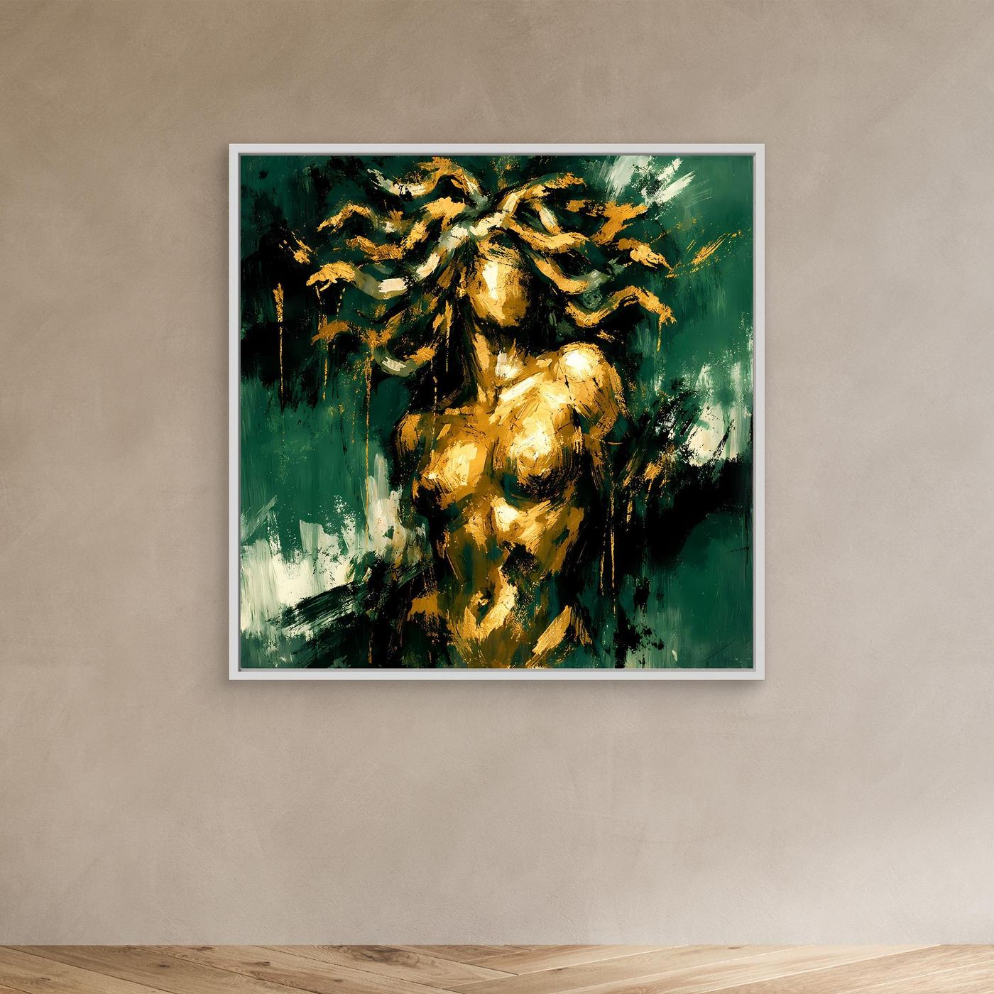 Leinwand Mystische Medusa in Smaragdgrün | Abstraktes Mythologie Wandbild Gold