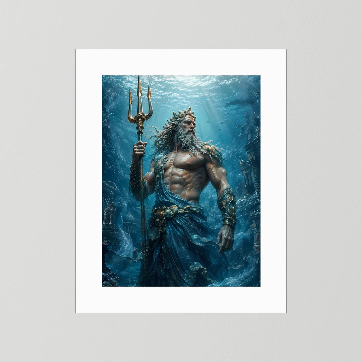 Vertikales Poster mit Poseidon und Dreizack, nur weißer Rand ohne Rahmen