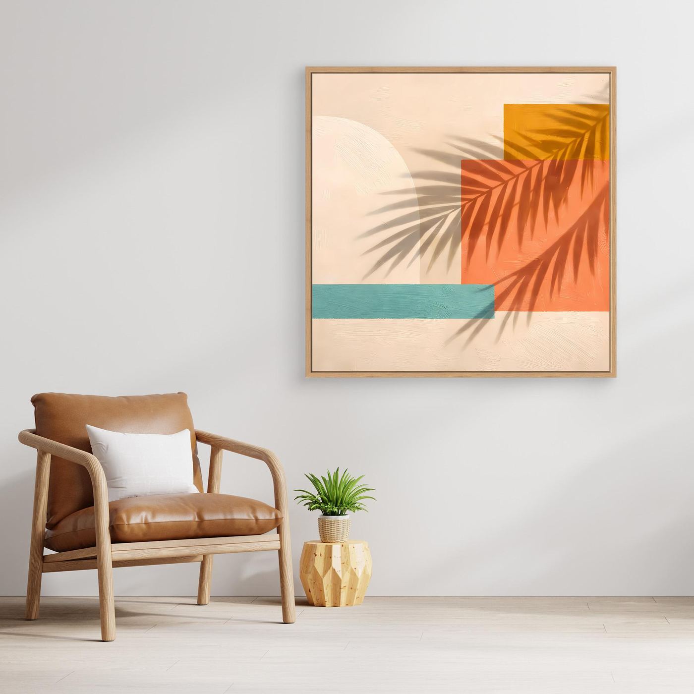 Leinwand Abstrakte Geometrie mit Palmenschatten | Modernes Boho Wandbild Terracotta