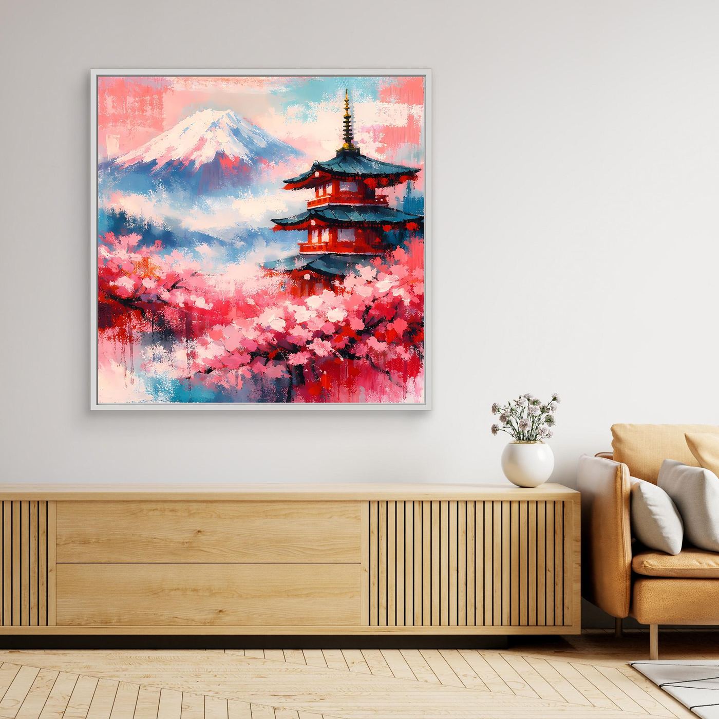 Leinwandbild: Mount Fuji, Pagode & Kirschblüten, abstrakt, schwarzer Rahmen.