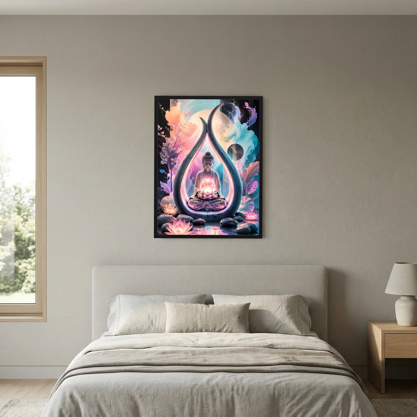 Hochformat-Poster mit Buddha-Motiv, leuchtenden Lotusblüten und bunten Lichtreflexen