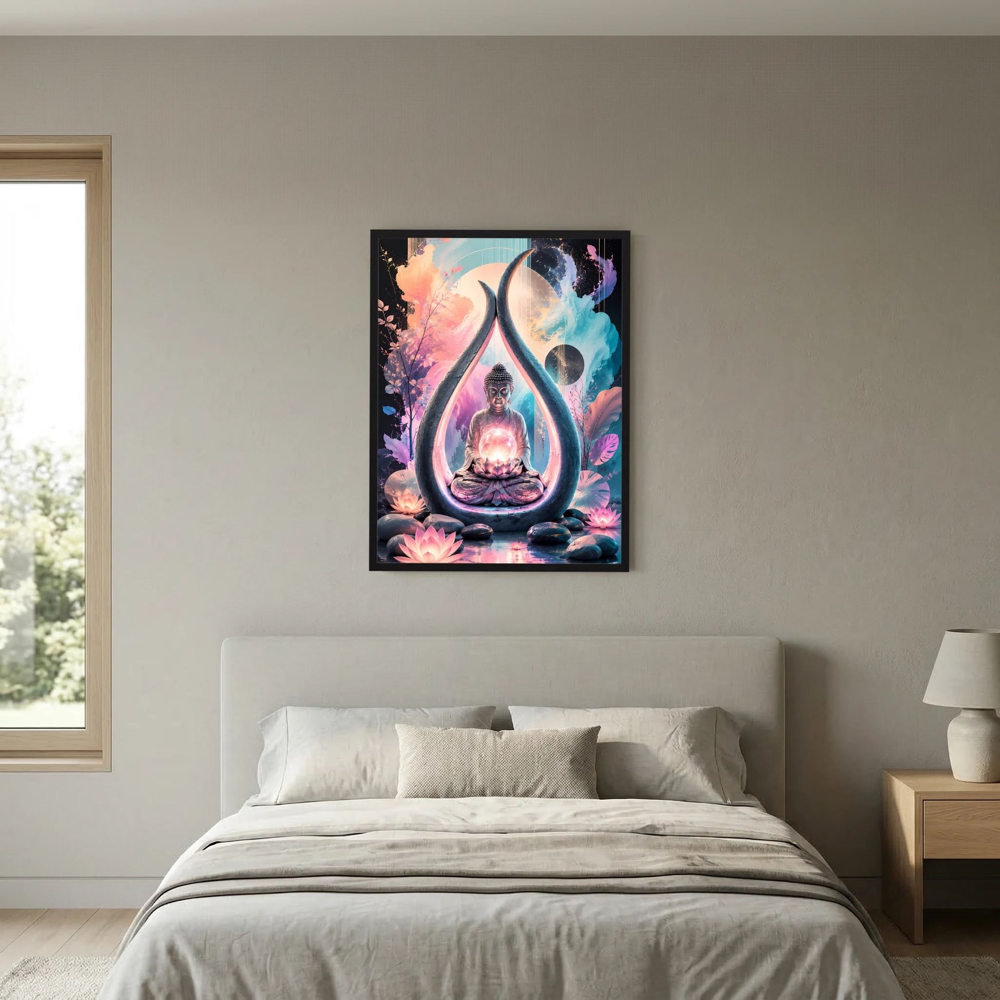 Hochformat-Poster mit Buddha-Motiv, leuchtenden Lotusblüten und bunten Lichtreflexen