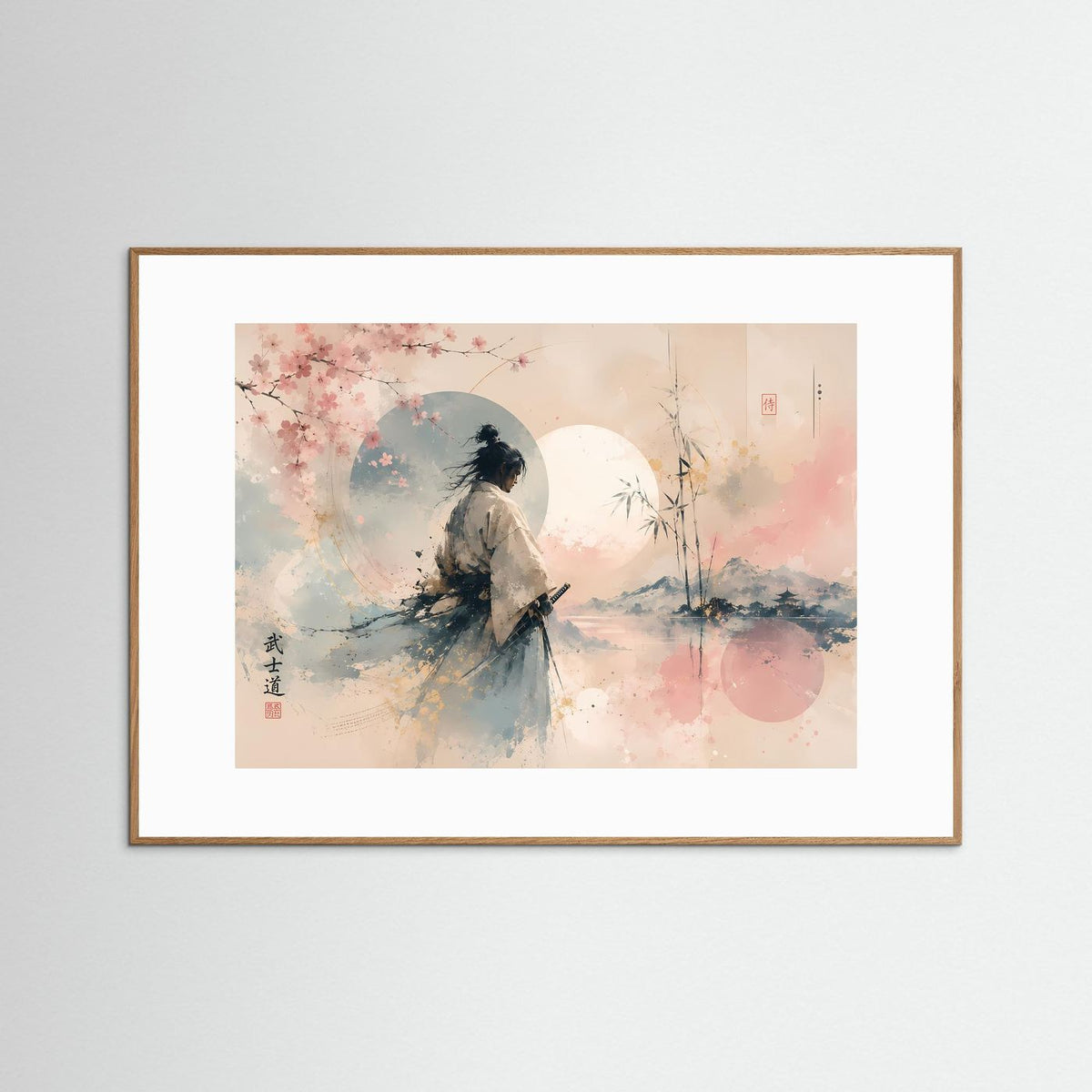 Samurai-Kunstdruck im hellen Holzrahmen, Silhouette unter Kirschblüten in Pastell