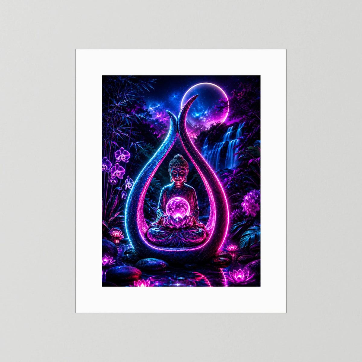 Neon-Poster im Hochformat: Buddha im leuchtenden Lotus, weißer Rand
