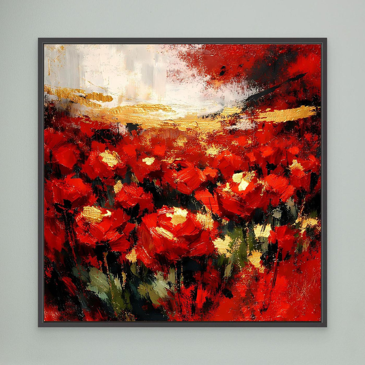 Wandbild mit abstraktem Blumenfeld, roten Blüten und Goldakzenten, schwarzer Rahmen
