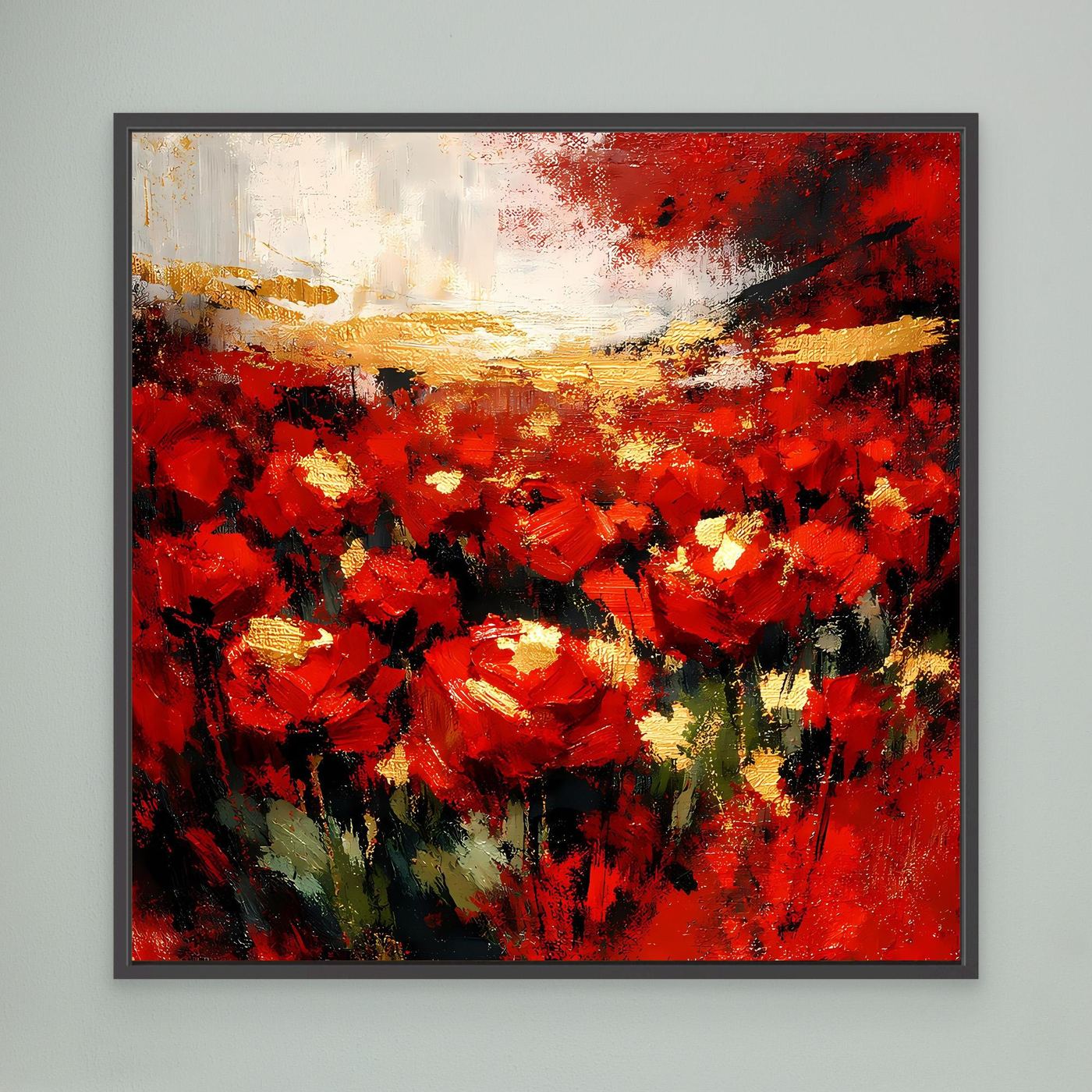 Wandbild mit abstraktem Blumenfeld, roten Blüten und Goldakzenten, schwarzer Rahmen
