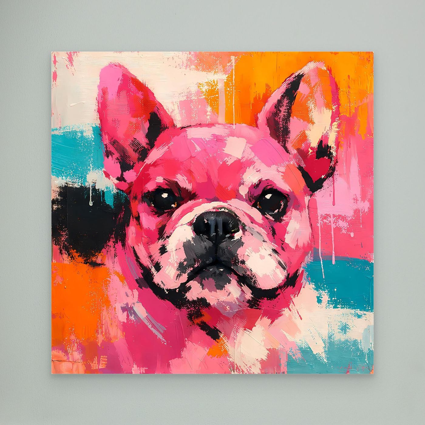 Abstract French bulldog painting on canvas with bright pink, orange, teal and black splatter